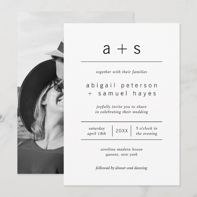 Minimalistiskt svart och vitt monogram foto Bröllo Inbjudningar (Fram/baksida)