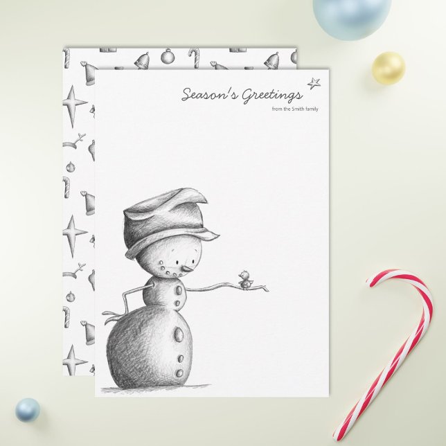 Minimalistiskt svart och vitt snögubbe med fågel julkort (Black & White Snowman and Bird Pencil Drawing Season's Greetings Christmas Holiday Flat Card)