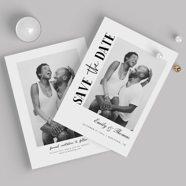 Minimalistiskt svart och vitt Spara datum-kort Spara Datumet (Elegant Minimalist Design _ Two Photo Wedding Date Save The Date)