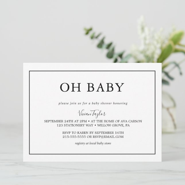 Minimalistiskt svart | Oh Baby Baby Shower-inbjuda Inbjudningar (Stående Fram)