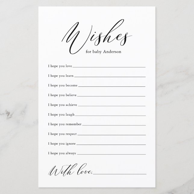 Minimalistiskt svart Önskemål för Baby-kort (Framsida)