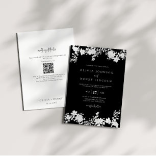 Minimalistiskt svart   Vit QR-kod Blommigt Bröllop Inbjudningar