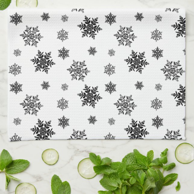 Minimalistiskt svart, vitsiskt snöflake Mönster Kökshandduk (Vikta)