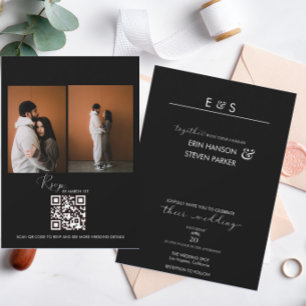 Minimalistiskt svart vitt bröllop Foto QR Inbjudningar