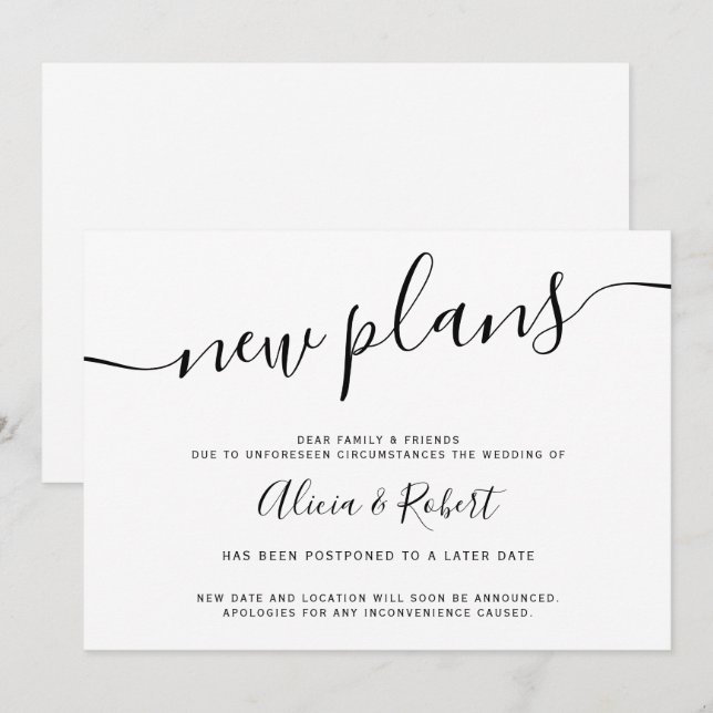 minimalistiskt svart vitt manus uppskjutet nya pla inbjudningar (Fram/baksida)