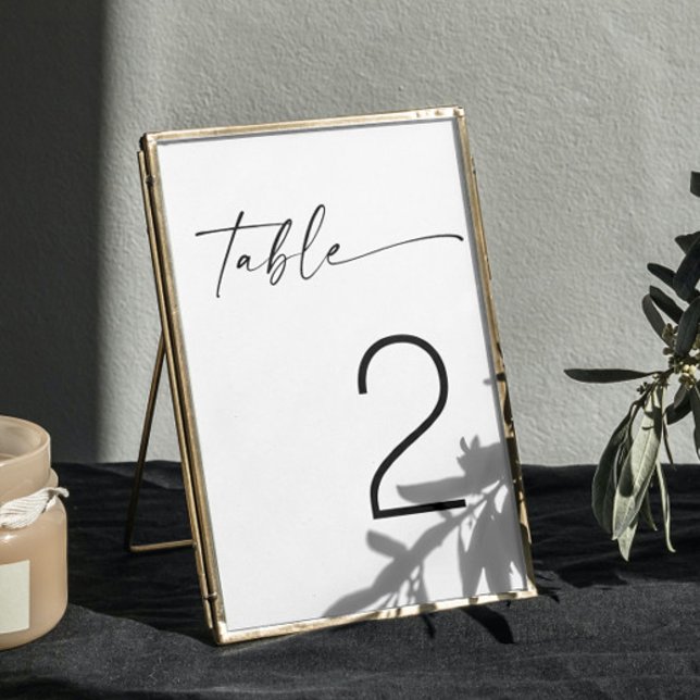 Minimalistiskt svart & vitt modernt script bröllop bordsnummer (Skapare uppladdad)