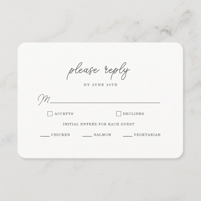 Minimalistiskt svart vitt script bröllops-RSVP-kor Tilläggskort (Framsida)