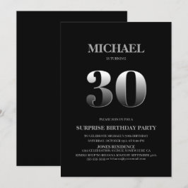 Minimalistiskt Svarta och Silver överraskande 30år Inbjudningar