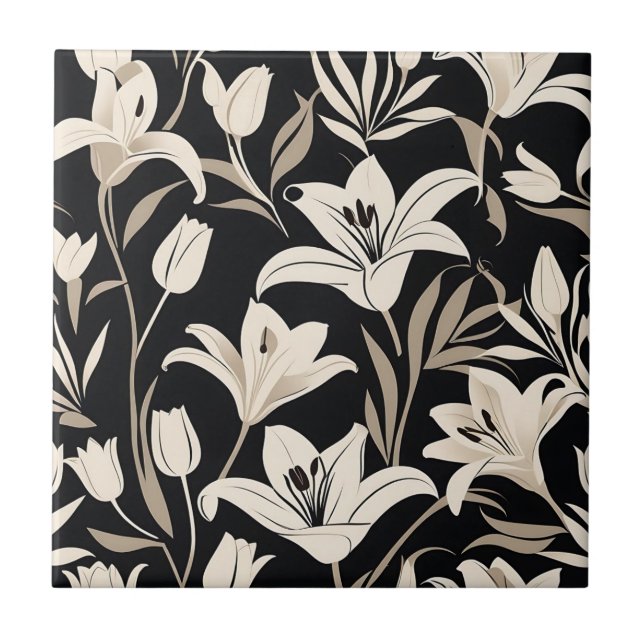 Minimalistiskt svartvitt-Blommönster Kakelplatta (Framsidan)