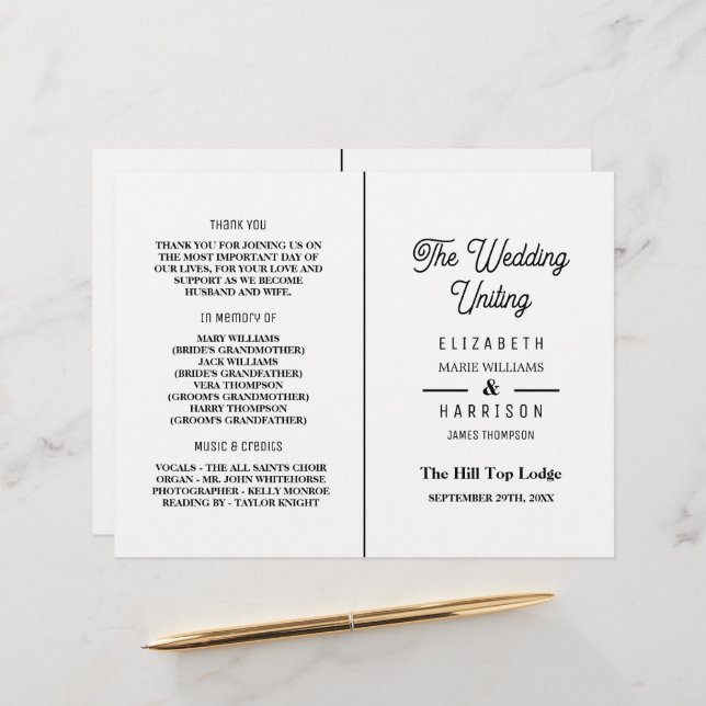 Minimalistiskt - svartvitt - Bröllopsprogram (Fram/Back In Situ)