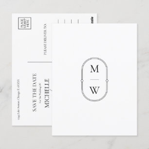 Minimalistiskt svartvitt i Monogram Spara datum Vykort