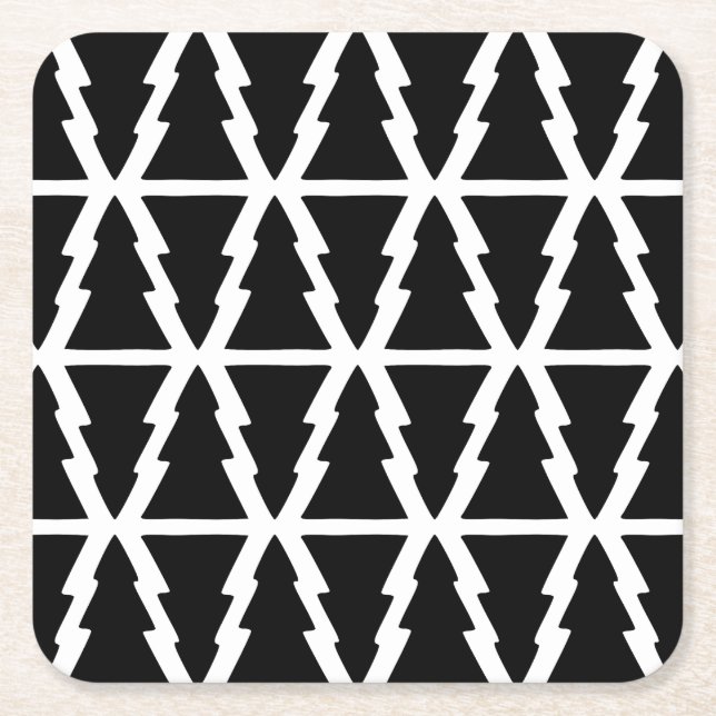 Minimalistiskt Svartvitt Julgran Mönster Underlägg Papper Kvadrat (Framsidan)