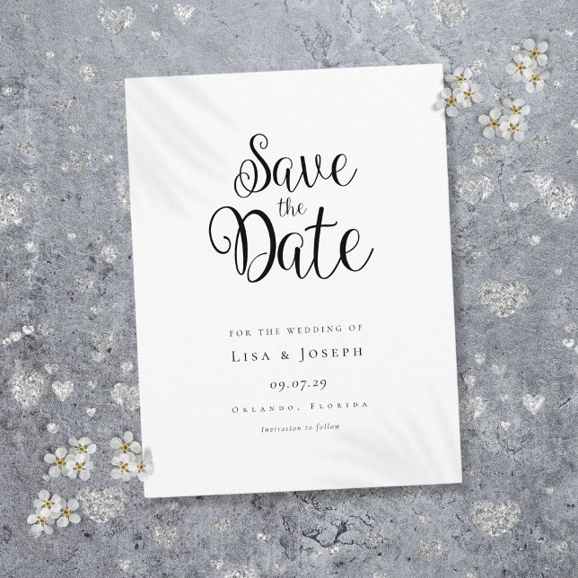 Minimalistiskt svartvitt manus Spara datumet Vykort (Minimalist Script Black and White Save the Date Postcard)