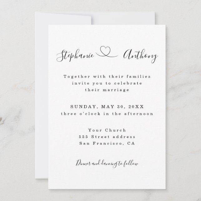 Minimalistiskt svartvitt med hjärta Bröllop Inbjudningar (Framsida)