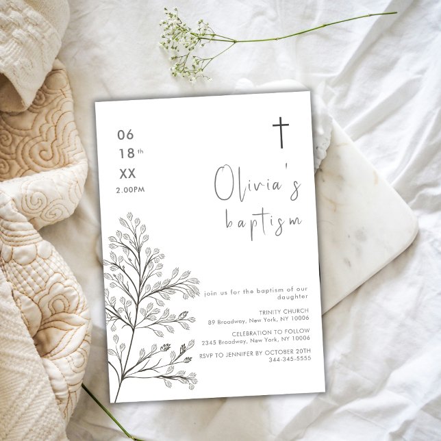 Minimalistiskt svartvitt och Grått Löv Kor-baptism Inbjudningar (Minimalist Black & Grey Leave Cross Baptism Invitation)
