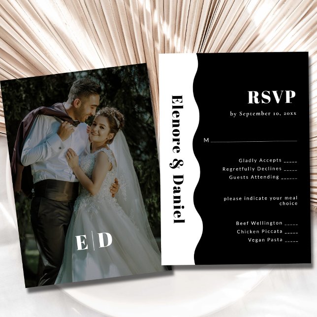 Minimalistiskt svartvitt och vitt vågfoto Bröllop OSA Kort (Minimalist Black and White Side Wave Photo Wedding RSVP Card)