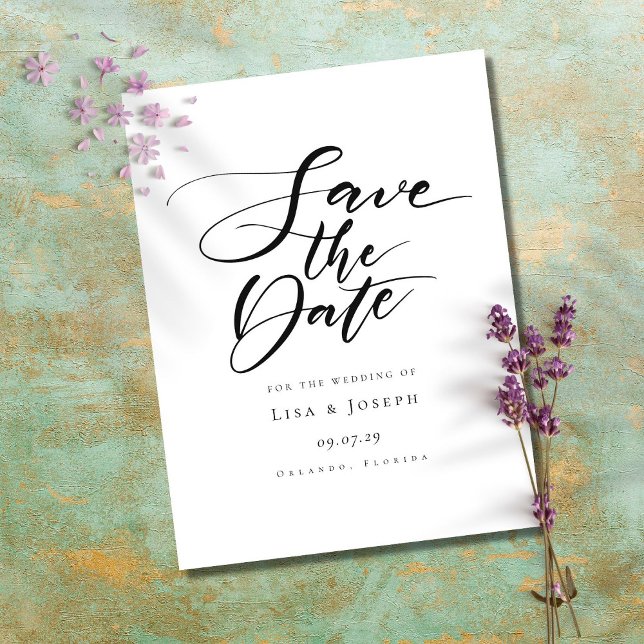 Minimalistiskt svartvitt-skript Spara datum Vykort (Skapare uppladdad)