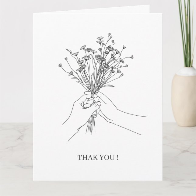 Minimalistiskt tackkort med linjekonst blommor (Framsida)