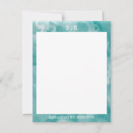Minimalistiskt Teal Blue Marble Gräns Monogram Anteckningskort