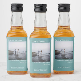 Minimalistiskt Teal Bröllop Photo Kärlek och tack Spritflaskor Etikett
