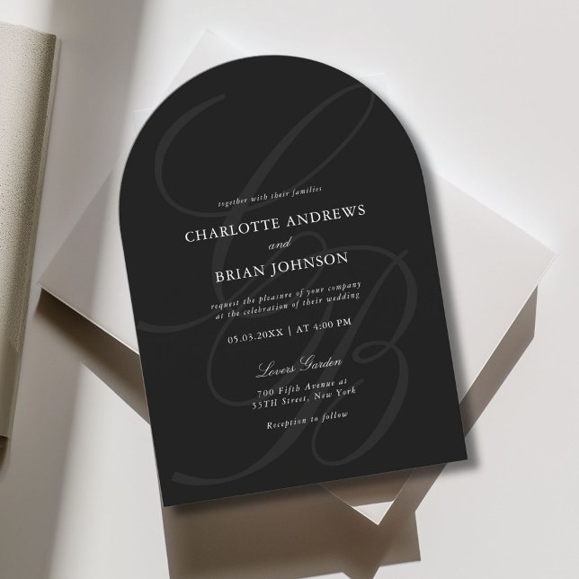Minimalistiskt teckensnittsmonogram | Elegant bröl Inbjudningar (Minimalist Script Font Monogram | Elegant Arch Black Wedding Invitation)