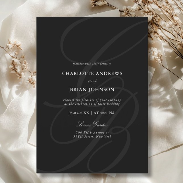 Minimalistiskt teckensnittsmonogram | Elegant bröl Inbjudningar (Minimalist Script Font Monogram | Elegant Wedding Black Invitation)