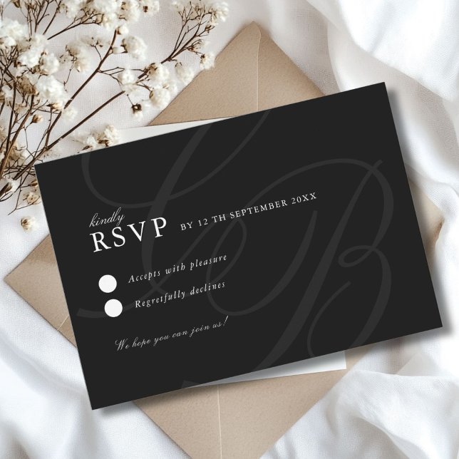 Minimalistiskt teckensnittsmonogram | Elegant bröl OSA Kort (Minimalist Script Font Monogram | Elegant Black Wedding RSVP Card)