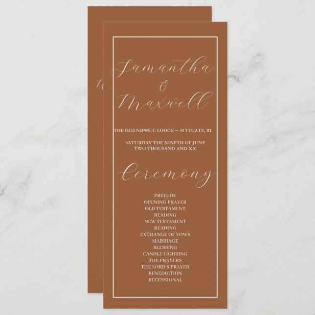 Minimalistiskt terracotta Bränt Bröllopsprogram (Fram/baksida)