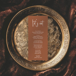 Minimalistiskt terrakotelegant, modernt bröllop meny