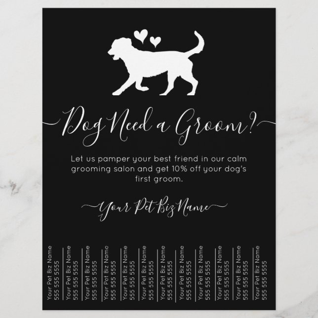 Minimalistiskt Trendig, svart och vit Hund, groomi Reklamblad (Framsidan)