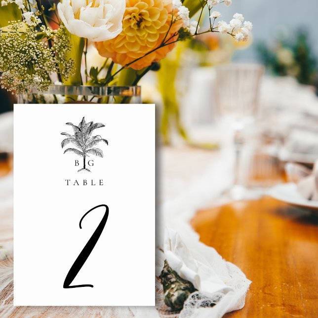 Minimalistiskt Tropiskt Handflatan Monogram Bröllo Bordsnummer (Minimalist Tropical Palm Tree Monogram Wedding Table Number)