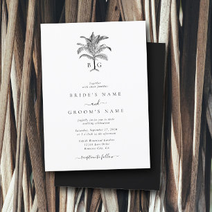 Minimalistiskt Tropiskt Handflatan Monogram Bröllo Inbjudningar