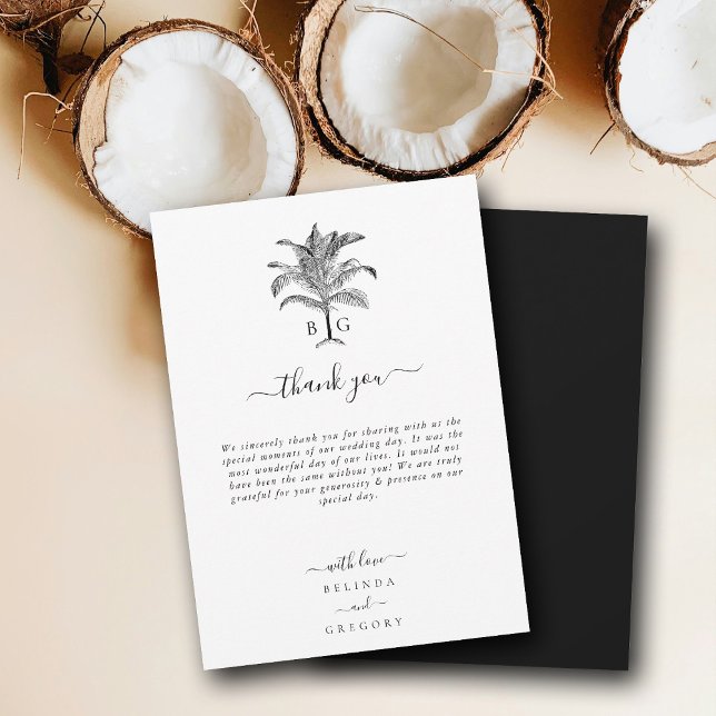 Minimalistiskt Tropiskt Handflatan Monogram Bröllo Tack Kort (Minimalist Tropical Palm Tree Monogram Wedding Thank You Card)