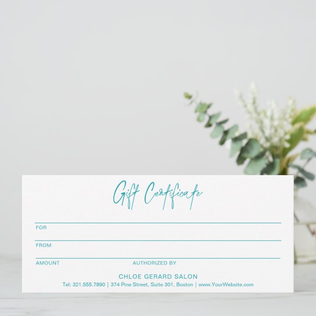 Minimalistiskt turkos Aqua Modern Gift-certifikat (Stående Fram)