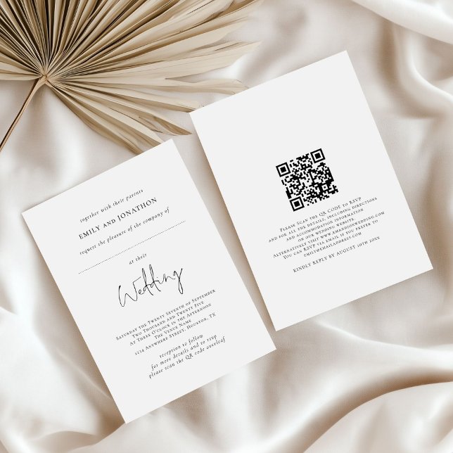 Minimalistiskt utrymme för gästen Namn QR Bröllop Inbjudningar (front and back view)