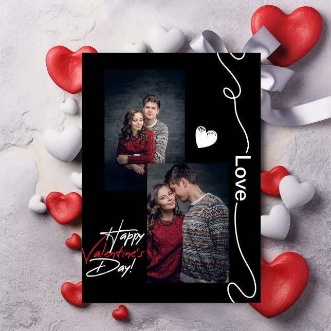 Minimalistiskt Valentines day par 2 fotosvart Julkort (Happy Valetines Day 2 Photo Card )