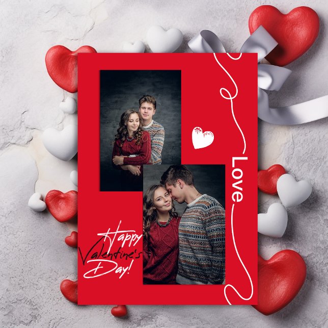 Minimalistiskt Valentines day par 2 Photo Red Julkort (Happy valentines Day 2 photo red card )