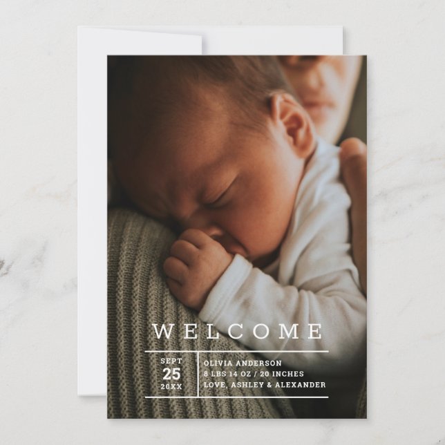 Minimalistiskt välkomnande av nyfött foto | Baby B Meddelande (Framsida)