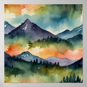 Minimalistiskt vattenfärgberglandskap poster