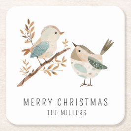 Minimalistiskt vattenfärgsfåglar God jul Underlägg Papper Kvadrat