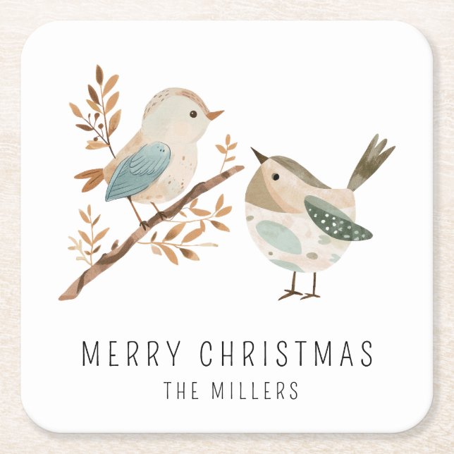 Minimalistiskt vattenfärgsfåglar God jul Underlägg Papper Kvadrat (Framsidan)