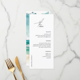 Minimalistiskt vattenfärgshav och strandbröllop meny