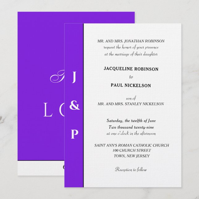 Minimalistiskt Violet White Monogram Inbjudningar (Fram/baksida)