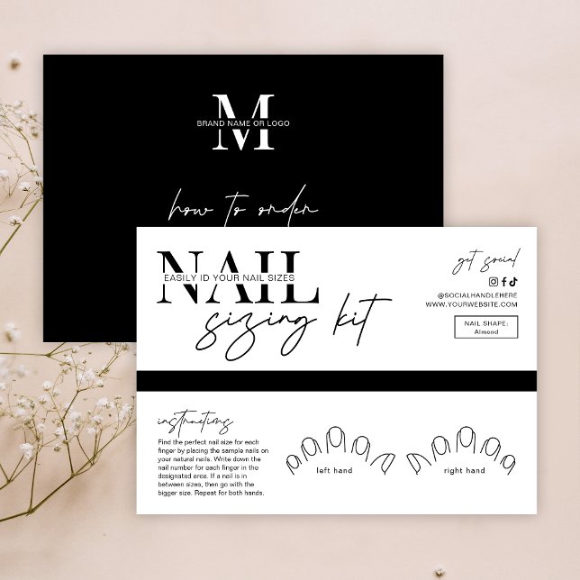 Minimalistiskt Visning för felaktig storlek på Nag (Minimalist nails sizing kit display cards in black & white with your brand info and order details)
