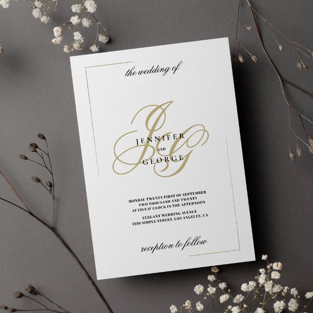 Minimalistiskt, vitt guld-monogram, första bröllop inbjudningar (Minimalist white gold monogram initial wedding invitation )