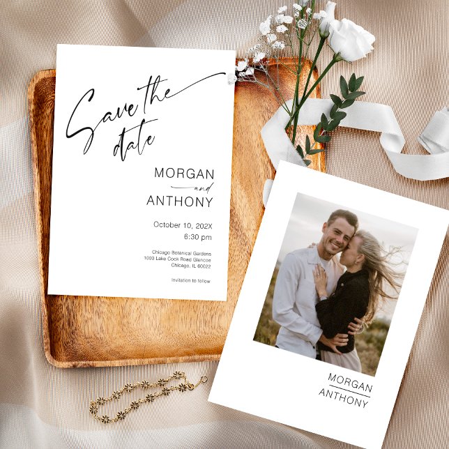 Minimalistiskt vitt svart foto sparar datum spara datumet (Skapare uppladdad)