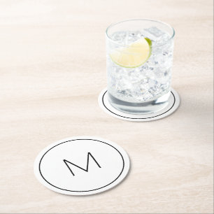 Minimalistiskt vitt svart Monogram enkelt Brev Underlägg Papper Rund