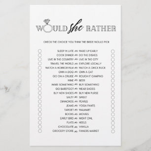 Minimalistiskt 'would she rather' -bröllopsduschsp flygblad