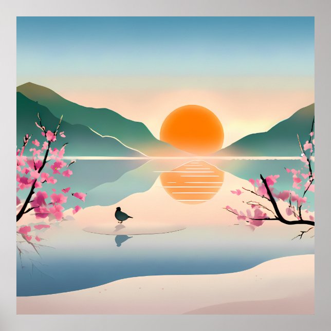 Minimalistiskt Zen Sunrise-Kanvastryck i Sjö Poster (Framsidan)