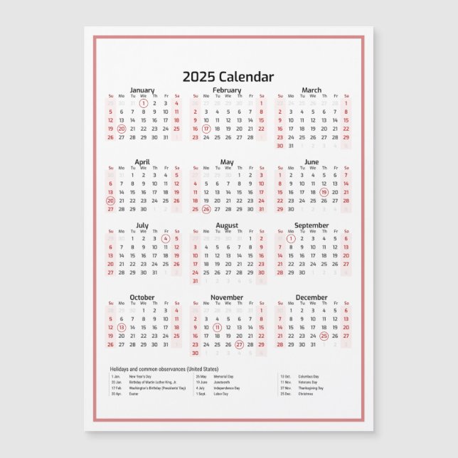 Minimalistkalender 2025 Rosa Magnetiskt kort (Framsida)